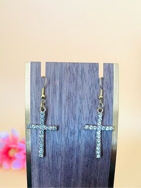 Paved cross earrings gold tone